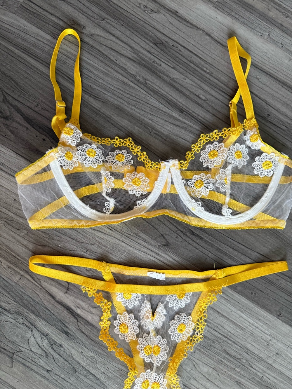 Yellow Daisy Sheer Lace Lingerie Set